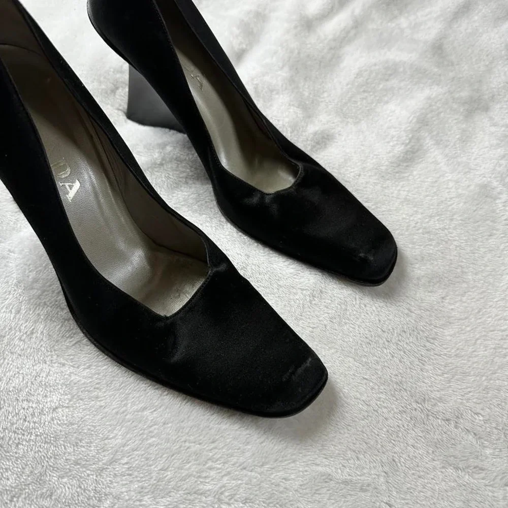 Prada 1998 Architectural black wedge satin square toe heels y2k euro designer